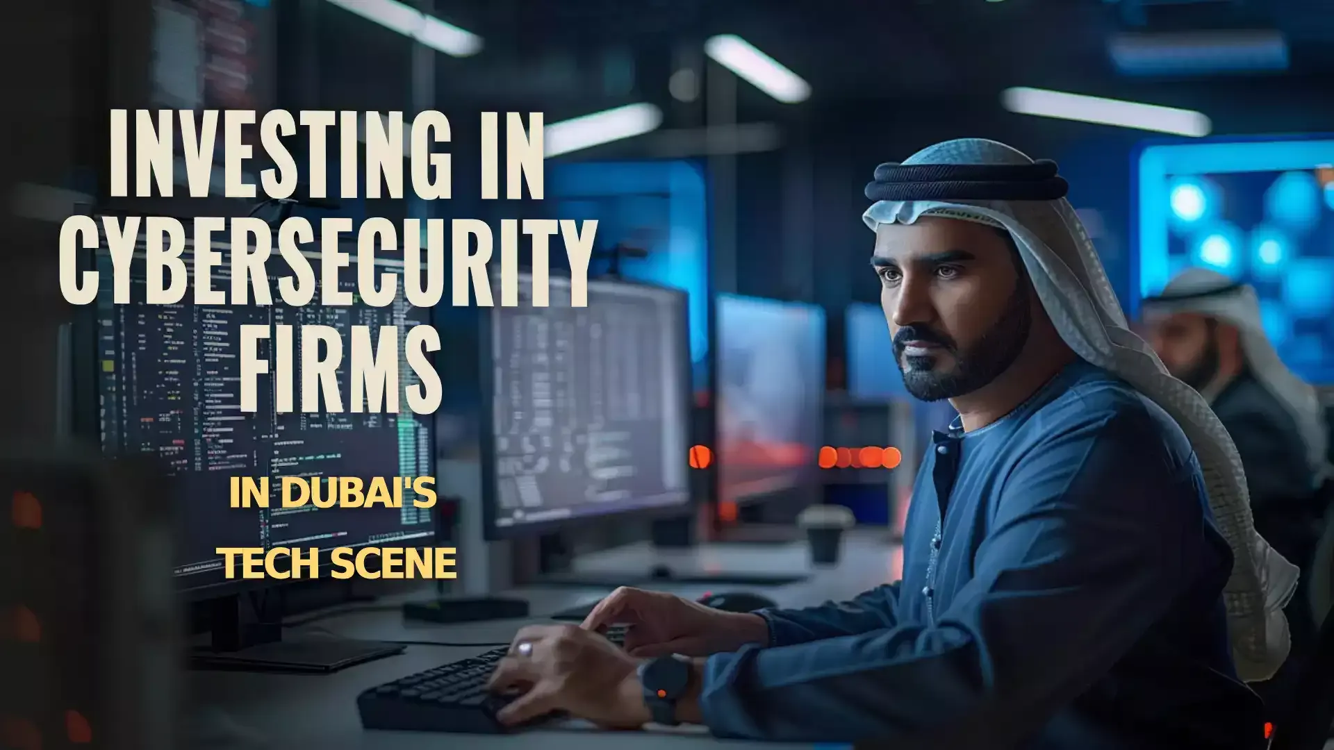 Dubai skyline with cybersecurity symbols, highlighting investment in digital protection