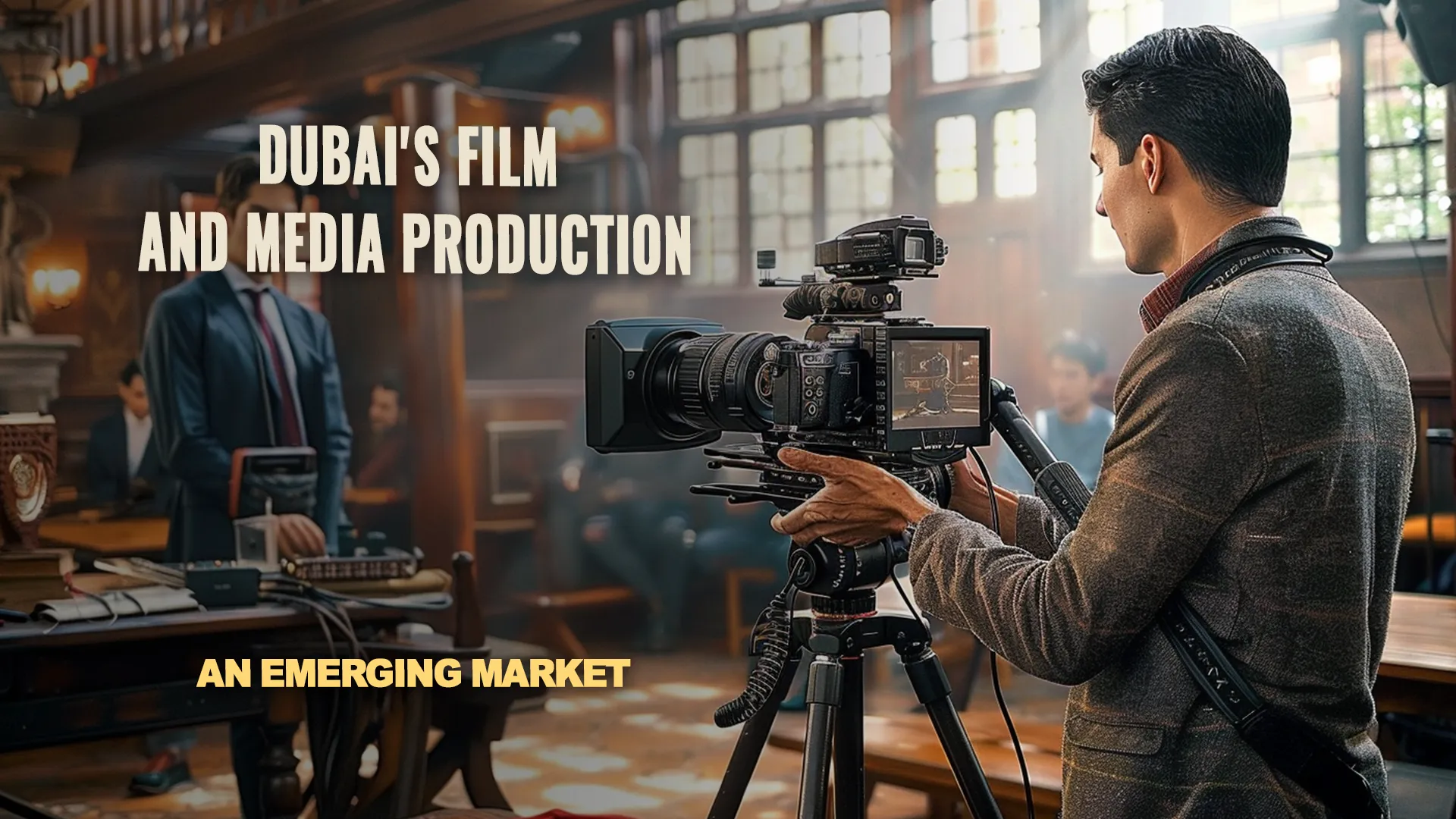 Behind-the-scenes view of a film shooting process on a movie studio set, capturing the art of filmmaking.