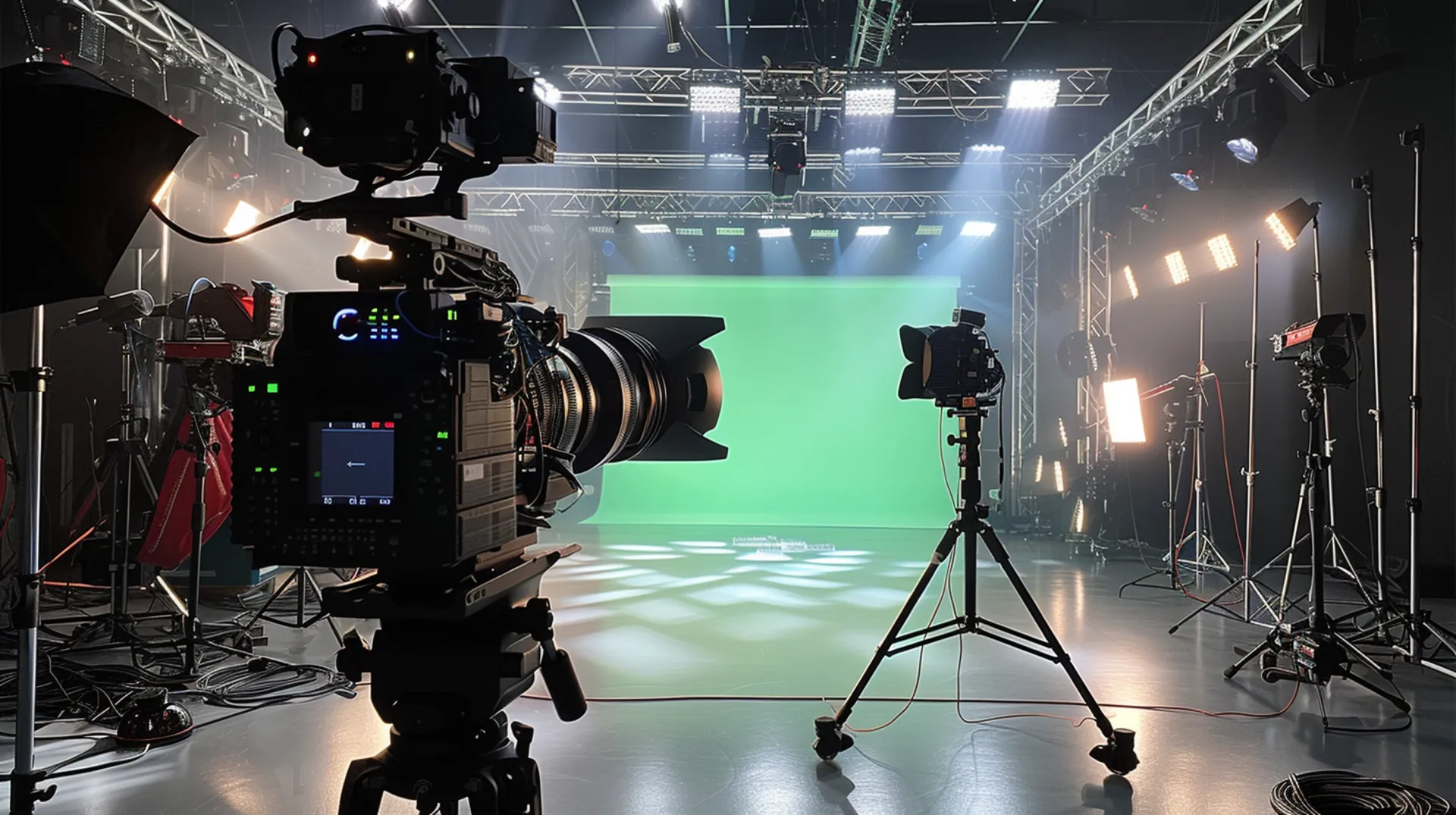 Movie studio equipped with modern cameras and lighting for film production, showcasing advanced cinematic technology