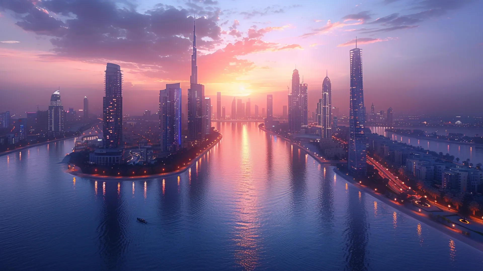 Aerial view of Dubai skyline at sunset, with illuminated skyscrapers casting long shadows and reflecting golden hues in the water 