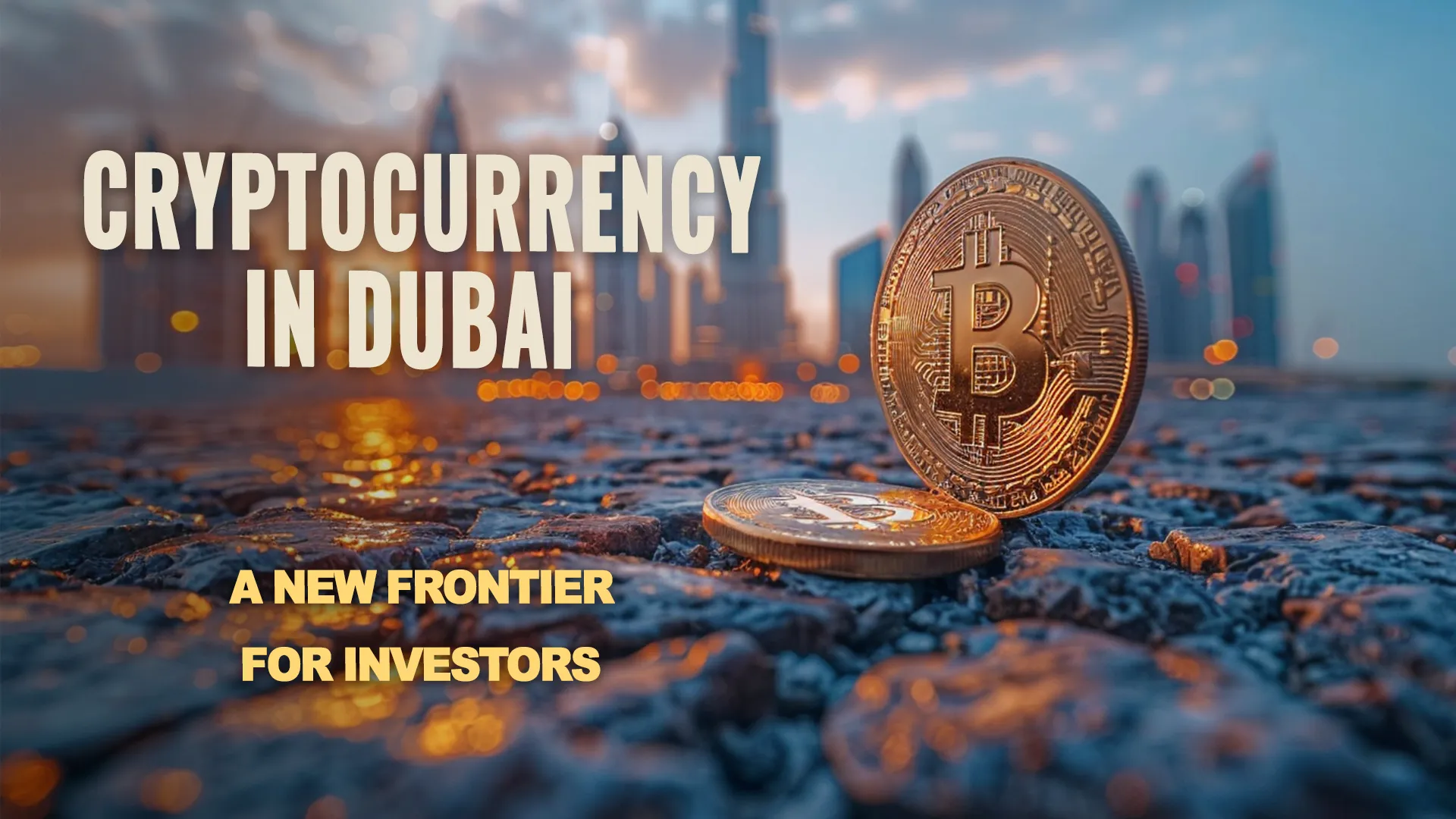 Bitcoin coin resting on ground against backdrop of evening Dubai  cityscape