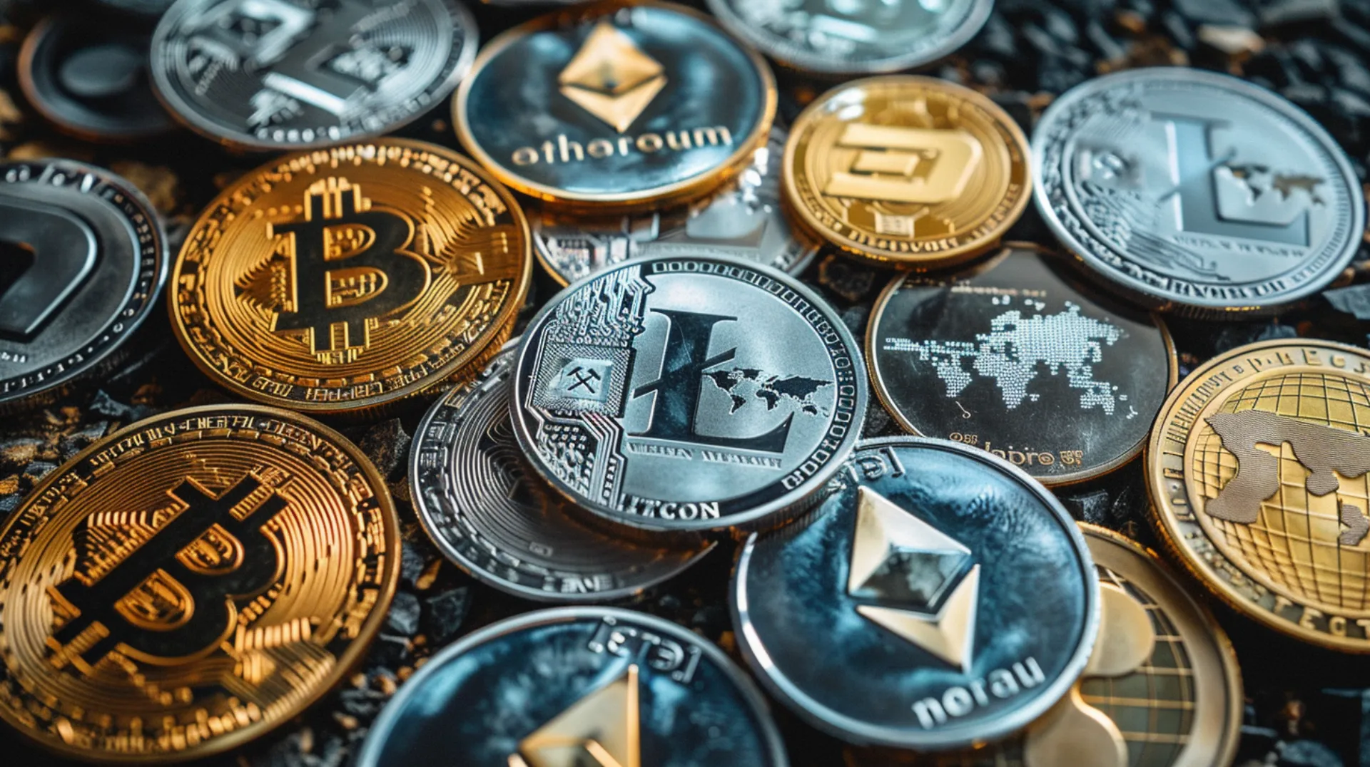 Close-up of various cryptocurrency coins, showcasing diverse types