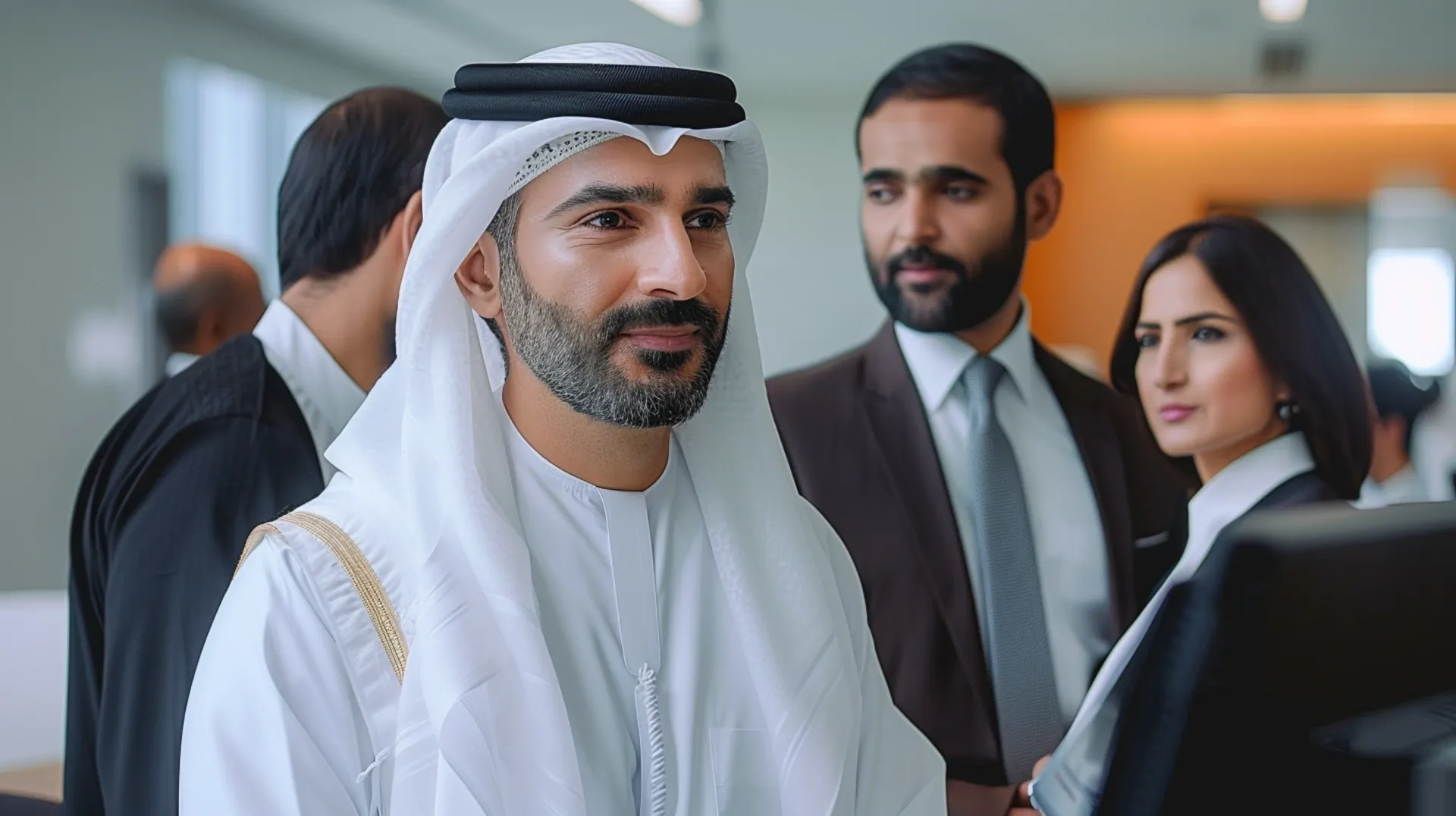 A man engaged in a focused business discussion, projecting confidence and professionalism amidst a collaborative atmosphere