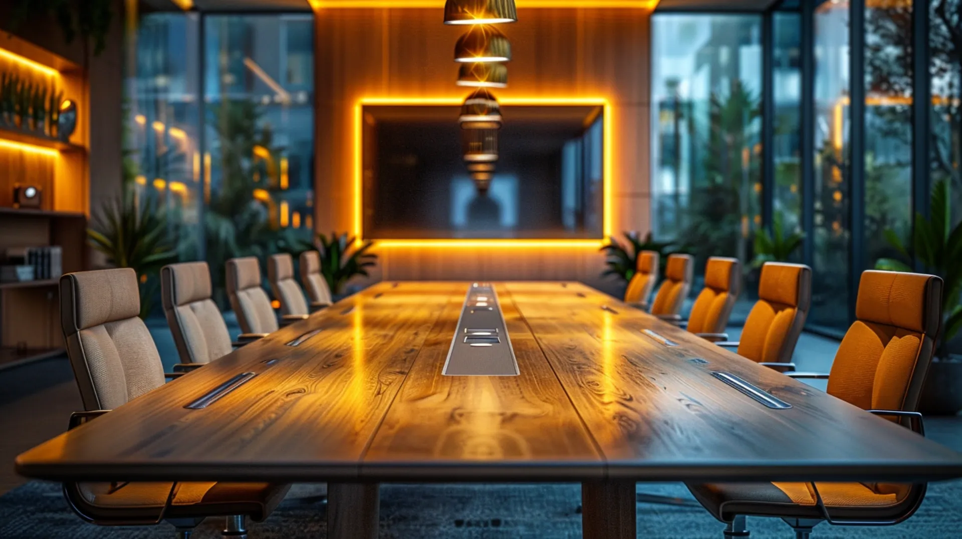 A sleek business meeting room, exuding an ambiance of professionalism and productivity, where ideas flow freely amidst polished surroundings
