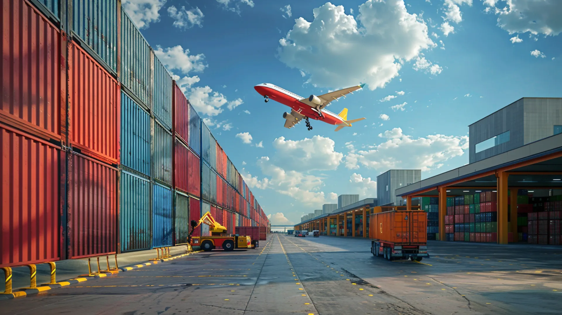 Dubai's Logistics. Cargo containers lined up in the port as trucks unload their contents. A red cargo plane flies overhead.