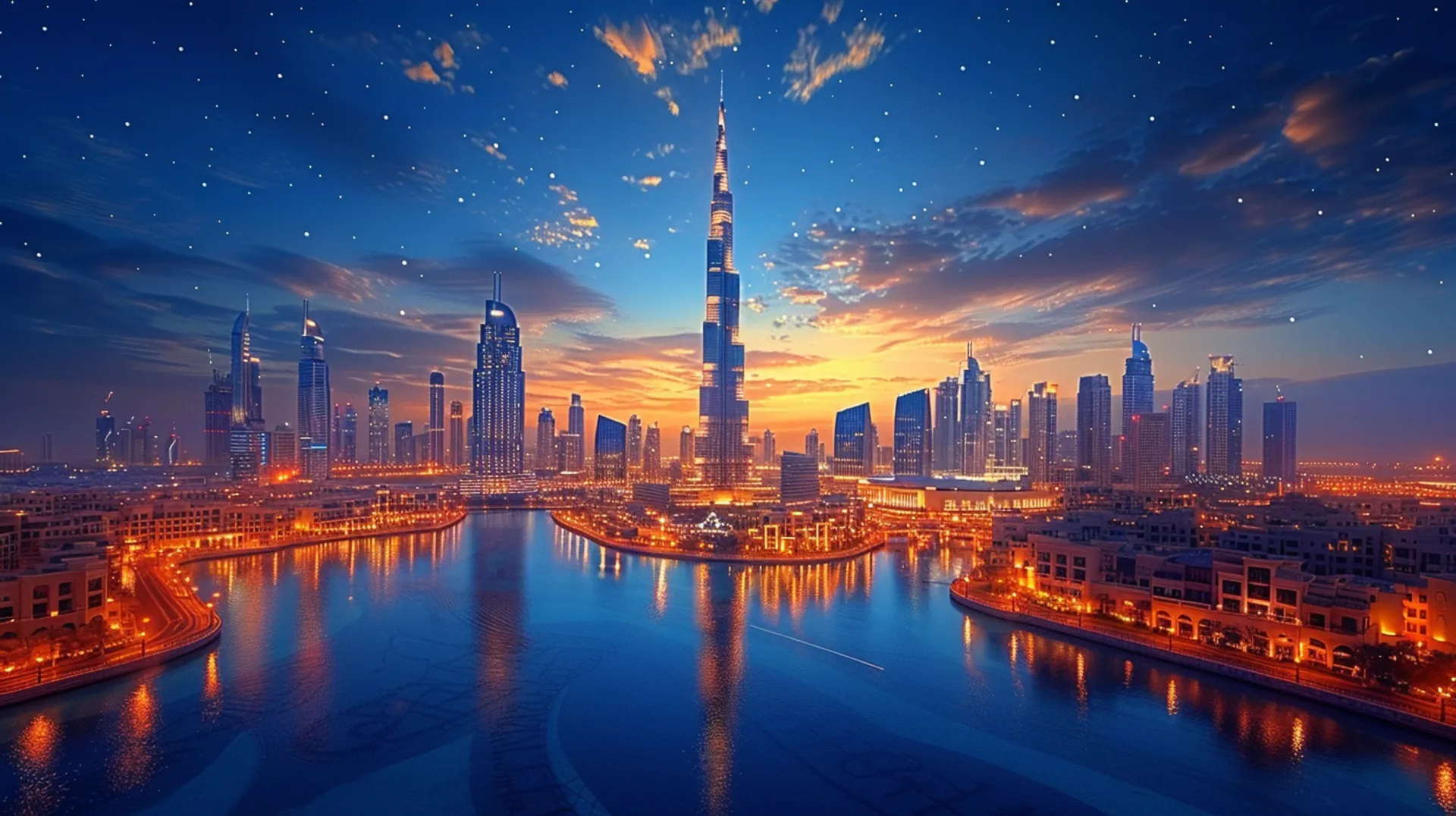 Dubai cityscape from a bird's eye view at night, featuring a futuristic skyline with starry skies and city lights