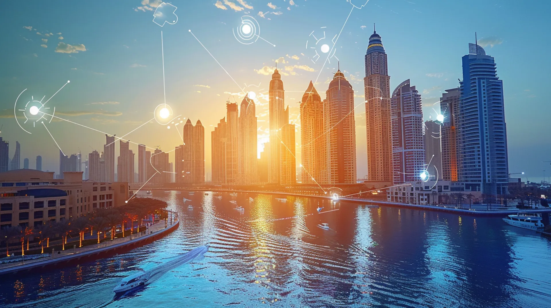 Dubai's cityscape at dawn in a futuristic style, featuring the coastline 