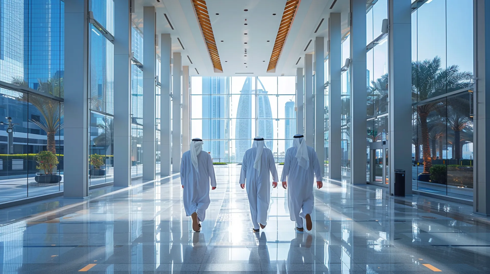 Three men in white abayas walking forward, seen from behind. They are in an office business center in Dubai