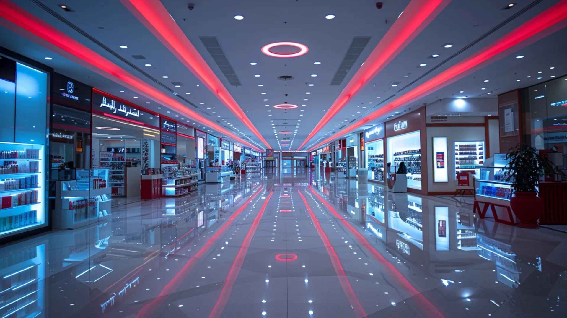 Inside a business center in Dubai, offering a view of the city at sunset.