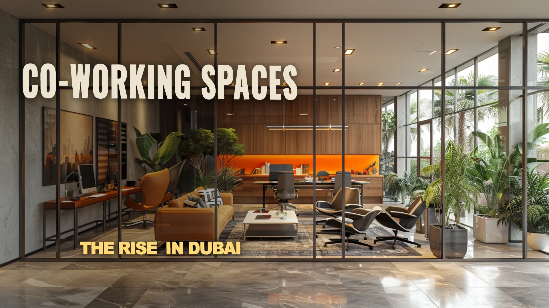 Spacious coworking space in a business center in Dubai, featuring desks, chairs, and armchairs. Glass partitions between offices provide privacy and openness