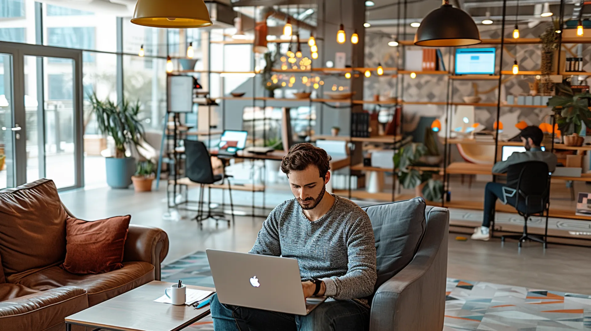 A man working on a laptop in a coworking space in Dubai. The coworking space looks spacious, modern, and equipped with everything for comfortable work 
