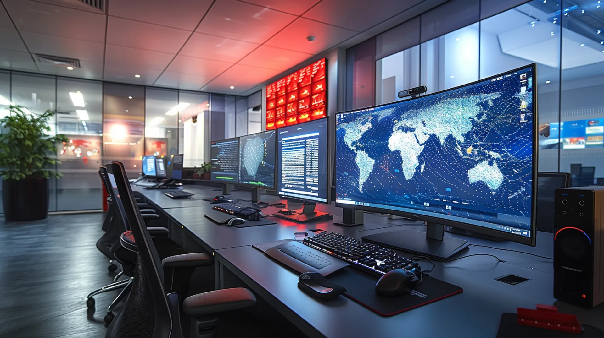 Empty Workspace of Cybersecurity Experts: Abound with modern computers and additional screens displaying valuable information 