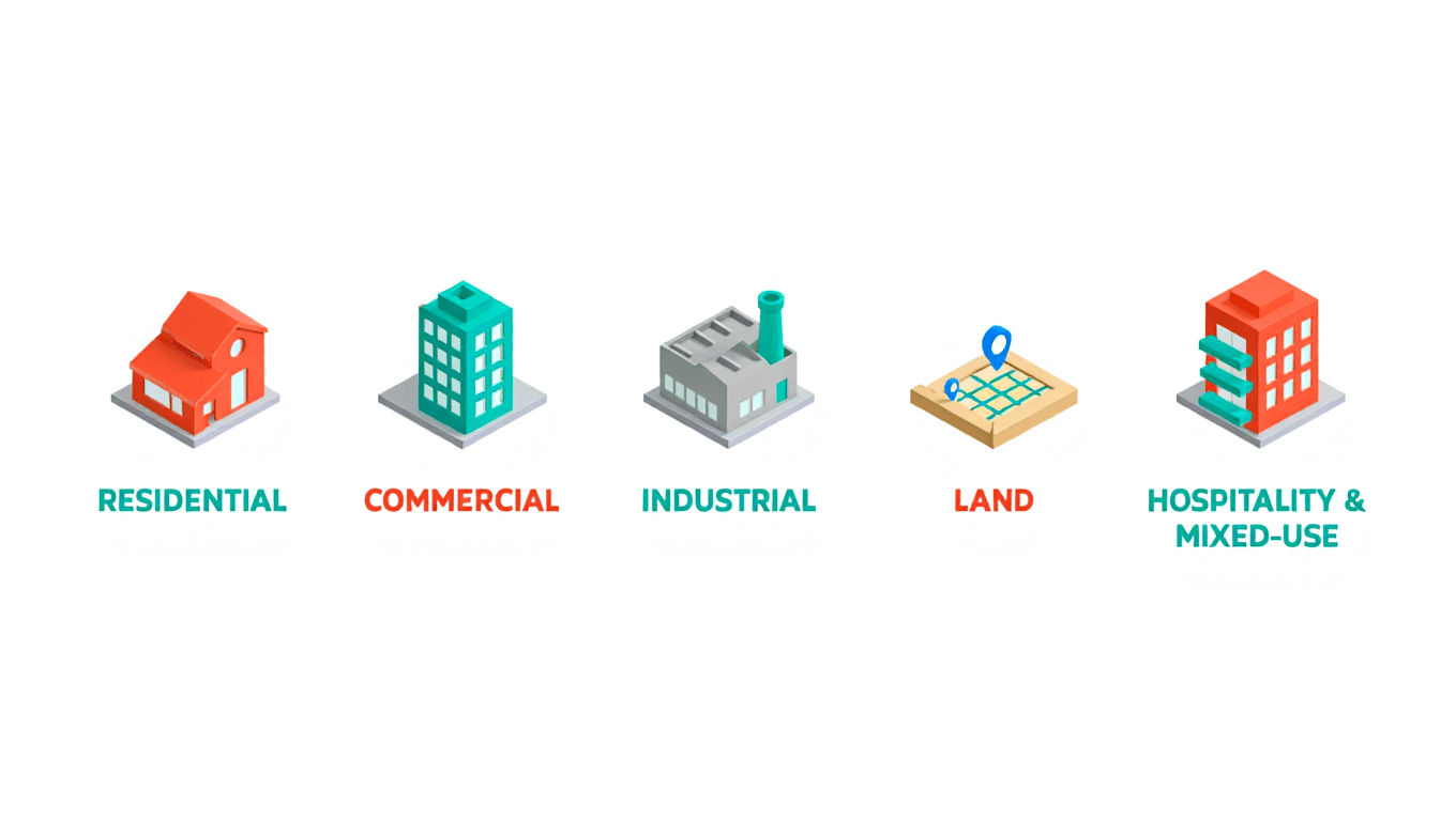 Visual chart showing the five main real estate categories in the UAE with icons and brief characteristics for each property type