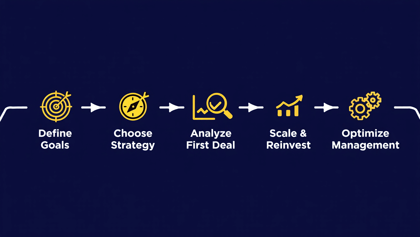Visual five-step diagram showing the property investment process: Define Goals, Choose Strategy, Analyze First Deal, Scale & Reinvest, Optimize Management